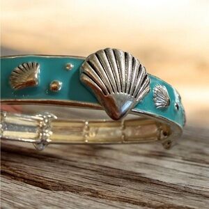 🐚 #781 Nautical Teal Enamel Seashell Stretch Bracelet Coastal Beach 🏖️